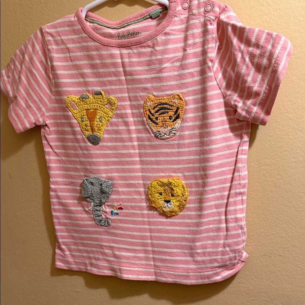 Baby Boden Pink & White Striped Short Sleeve Tee with Animal Appliqués